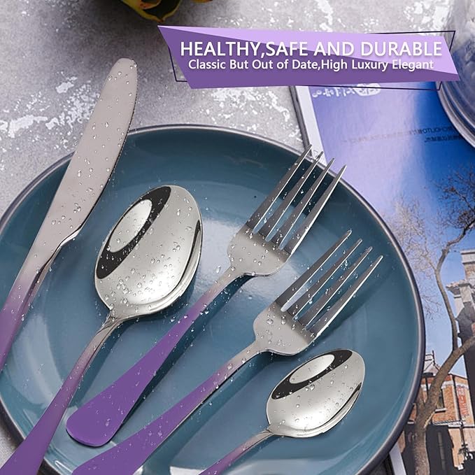 24 Pieces Flatware Set, Stainless Steel Cutlery Set with Silverware Holder, Modern Eating Tableware Set Includes Dinner Knives Forks Spoons,Hanging Silverware Set Service for 6 (Purple)