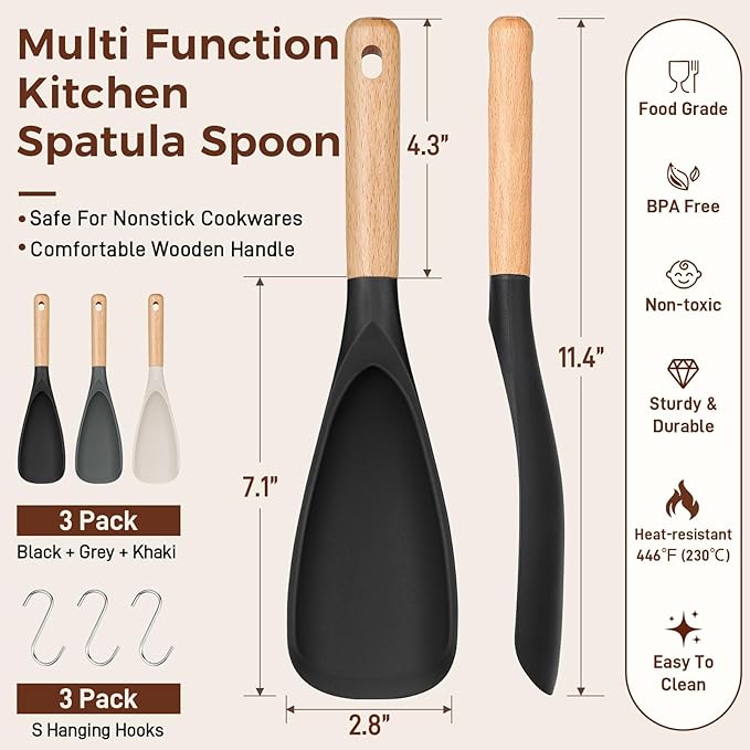 3 PACK Cooking Spatula Spoon for Nonstick Cookware, Multifunction Spoonula Great for Cooking, Serving, Baking, Mixing, Stirring, Scoop, Scrape - Sturdy BPA-Free Heat Resistant Silicone & Wood Handle