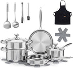 Meythway Pots and Pans Set Non Toxic, 16PCs Stainless Steel Cookware Set with Steamer, Kitchen Induction Cookware with Utensil Sets, Pot Protectors and Apron For Oven & Dishwasher Safe