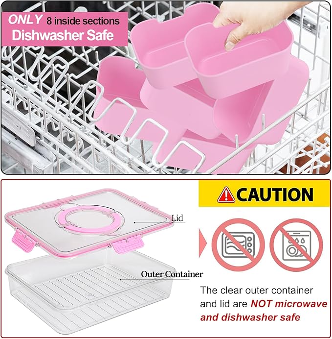 shopwithgreen Divided Serving Tray with Lid and Handle, Portable Snackle Box Charcuterie Container for Party, Veggies, Fruits, Nuts, Candy, Food Tray Platter Snack Box for Entertaining, Picnic, Pink