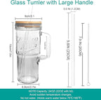 ANOTION Glass Cups with Lids and Straws - 24 oz Tumbler with Handle Christmas Coffee Cups Glass Straws Mason Jar Cups Drinking Set Kitchen Essentials Coffee Bar House Warming Gifts New Home