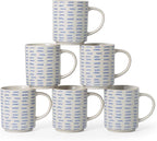 Coffee Mugs Set of 6, 17oz Ceramic Mugs with Handpainted Blue Gray Stripe Pattern, Modern Stackable Coffee Cups, Dishwasher and Microwave Safe Mugs for Home & Office