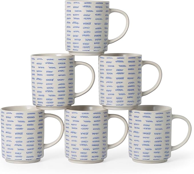 Coffee Mugs Set of 6, 17oz Ceramic Mugs with Handpainted Blue Gray Stripe Pattern, Modern Stackable Coffee Cups, Dishwasher and Microwave Safe Mugs for Home & Office