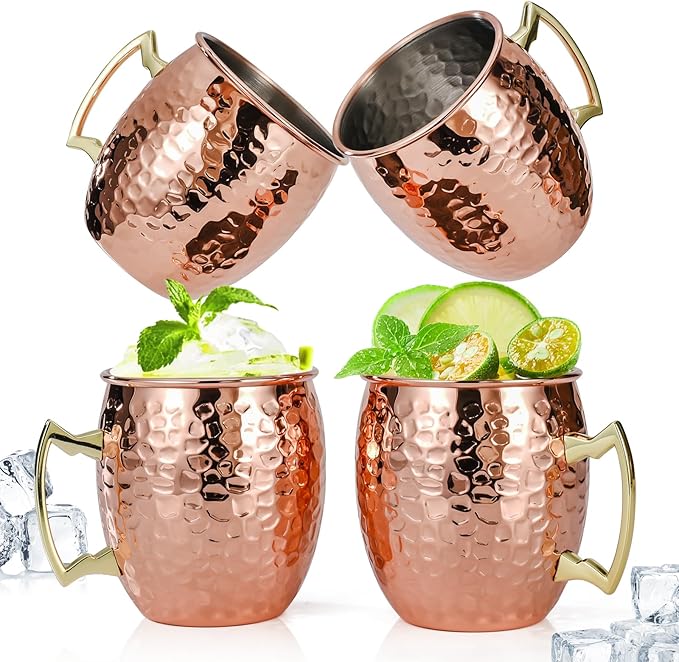 Amrules Moscow Mule Mugs Set of 4, 16 OZ Hammered Copper Cups with 304 Stainless Steel Lining and Gold Brass Handles, for Cold Drinks, Beer, Wine, Bars, Parties