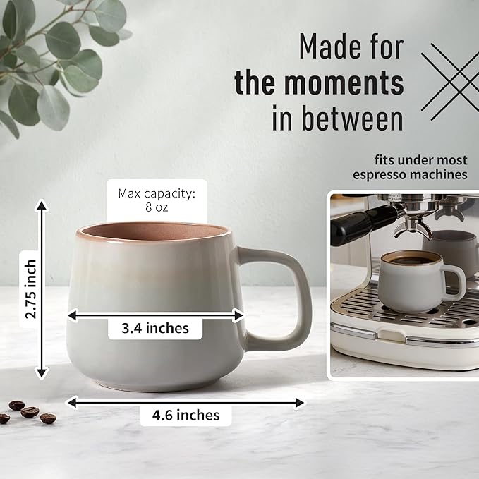 Ava Nord Small Ceramic Coffee Mugs Set of 4 | 8 oz Stoneware Coffee Cups | Lead-Free, Non-Toxic | Microwave & Dishwasher Safe | Comfortable Handle | Aesthetic Nordic Design for Cappuccino | Sage Ash