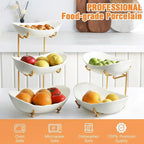 Ceramic Fruit Bowl for Kitchen Counter - 3 Tier Fruit Basket with Metal Stand, Tiered Fruit Stand for Countertop, Snack, Nuts, Cake, Dessert, Cute (Gold, Small)