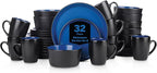 Stone Lain Albie Stoneware 32-Piece Modern Dinnerware Set, Kitchen Plates and Bowls Sets, Service for 8, Blue and Black, Microwave & Dishwasher Safe