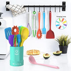 Silicone Kitchen Utensils Set, 16-Piece Silicone Cooking Utensils by Deedro, Heat Resistant Kitchen Tools Set with Holder, Nonstick Spatula Kitchen Gadgets for Cooking & Baking, Colorful