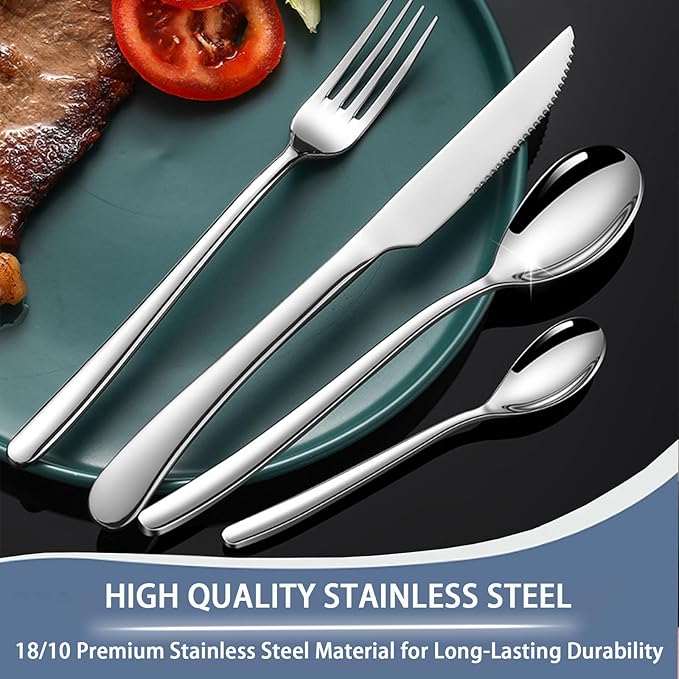 24 Pieces Flatware Set, Stainless Steel Cutlery Set with Silverware Holder, Spoons Forks Knives Set,Hanging Silverware Set Service for 6,Dishwasher Safe (Silver)