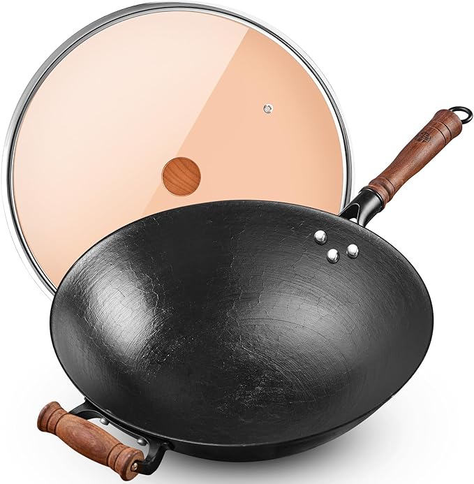 WANGYUANJI 12.6” Cast Iron Wok with Glass Lid – Traditional Round Bottom Chinese Wok for Gas Stove & Open Flame (Wok Ring Required) – Uncoated Clay-Mold “Turtle Shell” Texture – Seasoning Needed