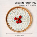 Round Rattan Tray with Mother of Pearl Inlay, Rattan Serving Tray for Coffee, Bread, Fruits, Decorative Wicker Tray for Table Decor, Home Decor, Kitchen Island Decor (Ambilight, 11.8")