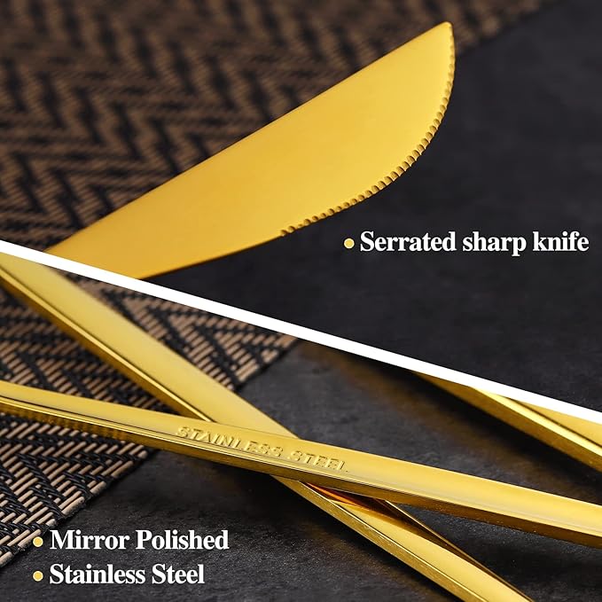 30-Pieces Gold Flatware Set, Gold Silverware Set for 6,Tableware Fine Dining Utensil Set Include Knives Forks and Spoons,Circular Fine Handle Cutlery Decorate Wedding Mirror Polished,Dishwasher
