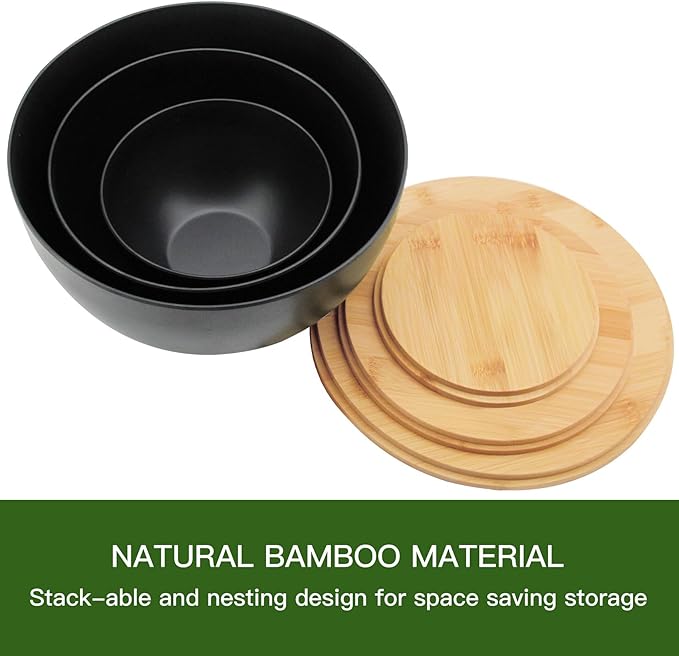 ECOWAY Salad Bowl Set of 3 with Bamboo Wooden Lids, Mixing Bowls Set, Nesting Bowls for Space Saving Storage, Made with Durable Eco-Friendly Bamboo Fiber, Great for Prepping and Serving Food, Black