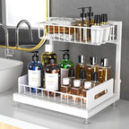 2 Pack Under Sink Organizer, Pull Out Cabinet Organizer 2 Tier Slide Out Sink Basket Drawer Sink Shelf Cabinet Storage Shelves ,Adjustable L Shape Counter Organization for Kitchen Bathroom , White
