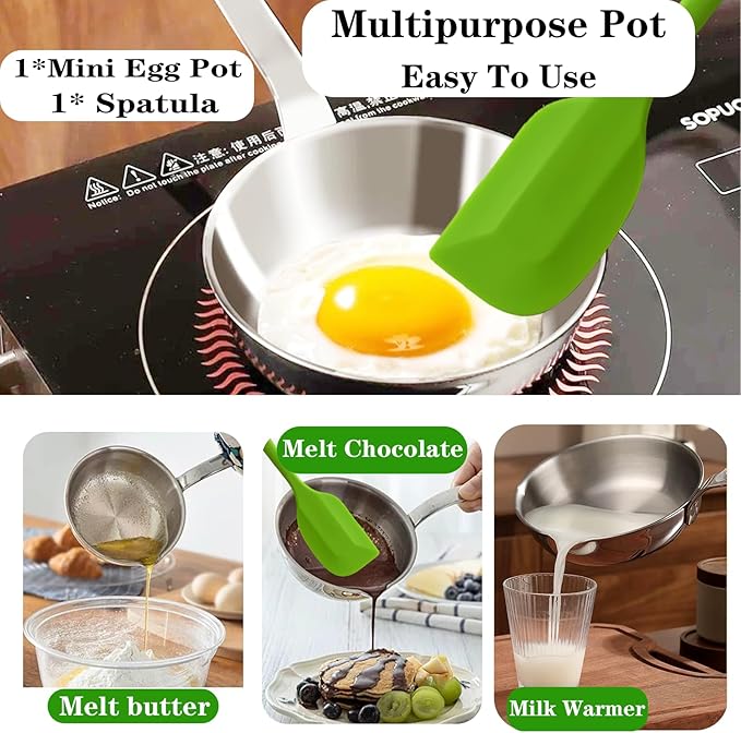 304 Stainless Steel Small Pan, 5.1-Inch Mini Egg Pan, Sauce Pan Mini Skillet for Egg Frying Pan, Butter Warmer Small Pot Cooking with 11" Scraper,Green