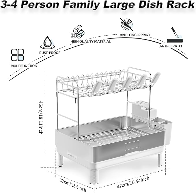 Ewaiira Dish Drying Rack, 2 Tier Large Dish Rack, Stainless Steel Dish Drainer for Kitchen Counter, Dishes Rack with Automatic Drainage, Utensil Holder&Cups Holder,Space Saving Kitchen Organizer,White