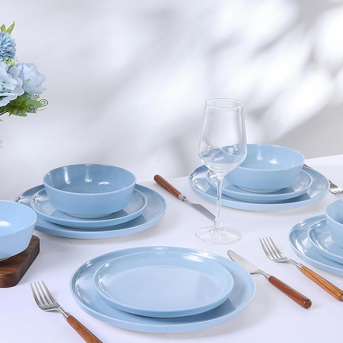 Webbylee 12-Piece Melamine Dinnerware Set for 4 – Unbreakable Plates & Bowls, Lightweight, Two-Tone Blue & Beige, Ideal for Family Meals, Camping, Picnic, Parties