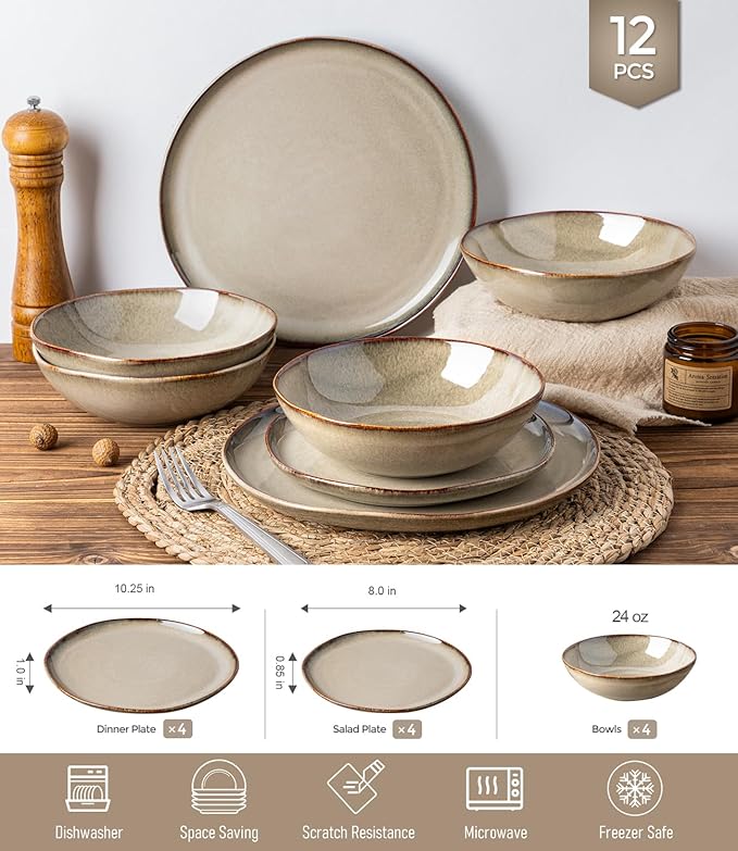 GBHOME Stoneware Dinnerware Sets for 4, 12 Pieces Rustic Ceramic Plates and Bowls Set, Handmade Reactive Glaze Plate Sets, Highly Chip Resistant Dishes, Microwave & Dishwasher Safe, Driftwood Taupe