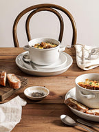 LE TAUCI Soup Bowls with Handles - 28 oz Lead-Free Ceramic French Onion Crocks, Oven and Microwave Safe, Heat-Resistant Design, Stackable, Dishwasher Safe, Set of 4, White