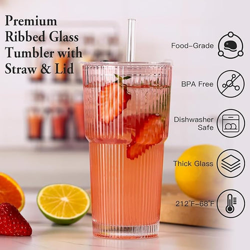 4PCS Colored Ribbed Glass Cups with Lids and Straws, 20oz Vintage Drinking Glasses, Aesthetic Iced Coffee Cups, Glass Tumbler for Boba, Beer, Tea, Cocktails, Ribbed Glassware Set,Colored