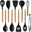 CAROTE Silicone Cooking Utensils Set for Nonstick Cookware, 446°F Heat Resistant Kitchen Utensil Set with Wooden Handle 10pcs, Spatula, Turner, Spoon, Tongs, Whisk