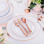 DaYammi 210PCS Rose Gold Plastic Dinnerware Set for 30 Guests, Mother's Day Plates for Party, Include: 30 Dinner Plates, 30 Dessert Platos, 30 Pre Rolled Napkins with Rose Gold Silverware, 30 Cups