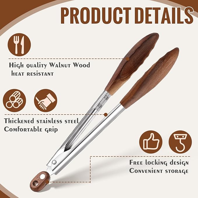 Baderke 2 Pcs Kitchen Tongs for Cooking Wooden Utensil Set Salad Tongs with Wood Tips for Serving Salad Flipping Burgers Grilling and Much More (11.4 Inch,Walnut Wooden)