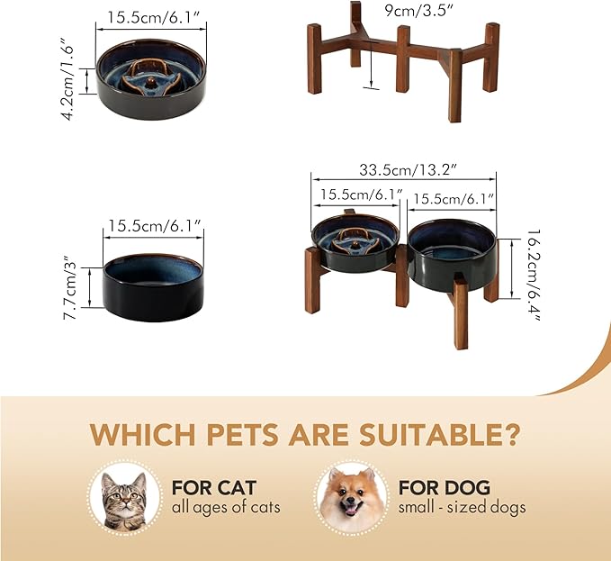 Havniva Ceramic 0.9 Cup Raised Slow Feeder Dog Bowl Set, Elevated 6.1inch Water Bowl and 6.1inch Slow Dish with Acacia Wood Stand for Small Dogs (2 x Starry Sky+ Stand)