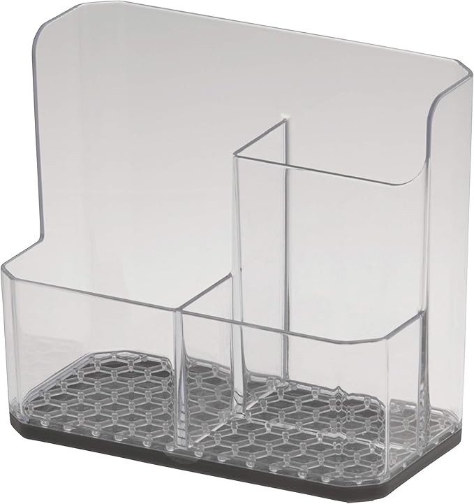 Spectrum Sponge and Brush Holder for Kitchen Sink Storage, Hexa Quick-Dry Organizer with 3 Compartments, Removable Base Sink Caddy for Dish Brushes & Sponges, Compact Design, Clear & Gray