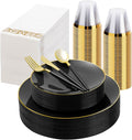 175 Pieces Black Gold Plastic Dinnerware Set, Gold Disposable Plates for Party, Include 50 Black Plates with 75 Plastic Cutlery, 25 Napkins and 25 Cups