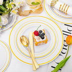 I00000 350Pcs Gold Dinnerware Set for 50 Guests, Gold Plastic Plates for Party, Include: 100 Disposable Plastic Plates, 50 Paper Napkins, 50 Cups, 50 Silverware Set Perfect for Party & Wedding