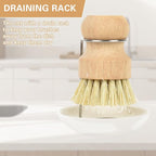 Wooden Dish Brushes, Dish Dishwashing Brush for Cleaning Dishes, Kitchen Wooden Cleaning Dsihes Set with Draining Rack, Natural Sisal Bristles, 1 Set