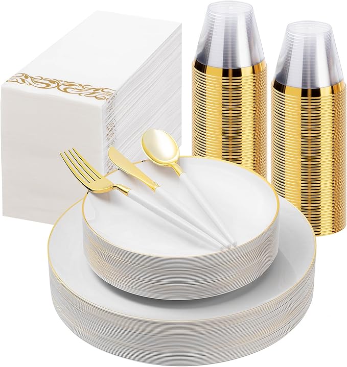 175 Pieces White Gold Plastic Dinnerware Set, Gold Disposable Plates for Party, Include 50 White Plates with 75 Plastic Cutlery, 25 Napkins and 25 Cups