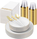 175 Pieces White Gold Plastic Dinnerware Set, Gold Disposable Plates for Party, Include 50 White Plates with 75 Plastic Cutlery, 25 Napkins and 25 Cups