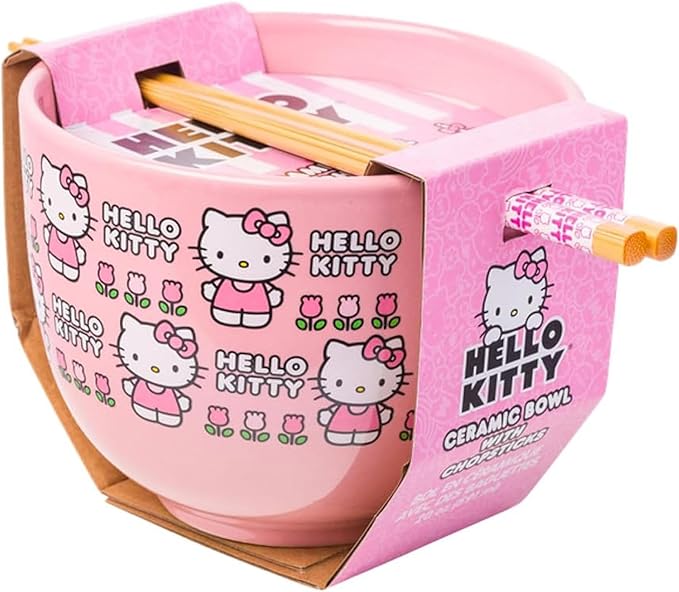 Silver Buffalo Sanrio Hello Kitty Flowers Pattern Ceramic Ramen Noodle Rice Bowl with Chopsticks, Microwave Safe, 20 Ounces
