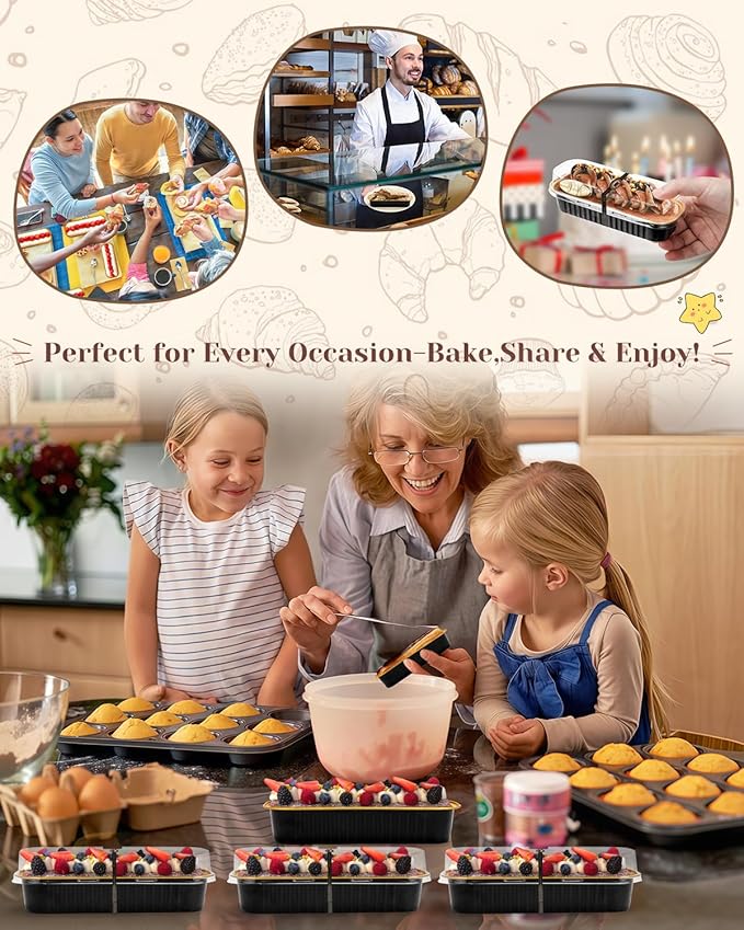 100 Pack Mini Loaf Pans with Lids, Spoons & Stickers – Disposable Aluminum Foil Baking Cake Containers for Oven, Air Fryer & Freezer – Ideal for Cakes, Bread, Pudding, Parties & Gifting, Black