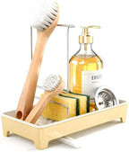 Minimalist Sink Caddy, Rustproof Sponge Holder for Kitchen Sink with 304 Stainless-Steel Brush Holder, Countertop Rack Organizer with Raised Ridges & Silicone Drain Tube (Pastel Yellow, Large)
