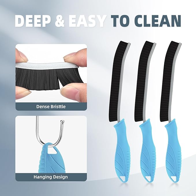 FOOGWEE Hard Bristle Crevice Cleaning Brush - Cleaning Supplies - Household Crevice Cleaning Tools - Multi-Purpose Crevice Brushes for Kitchen, Toilet, Window, Vehicle, Faucets, Grout (3, Blue)