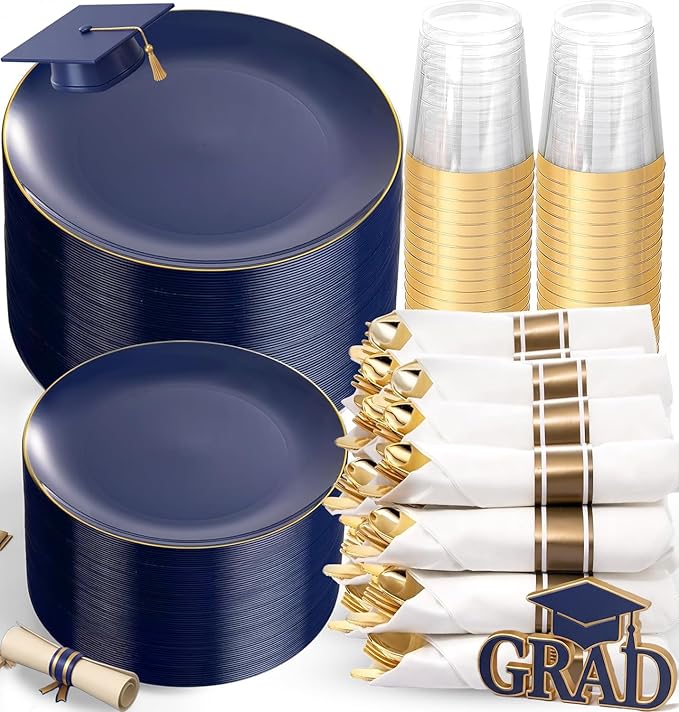 KIRE 350Pcs Blue and Gold Plates -Heavy Duty Navy Blue Dinnerware Set - 100 Plastic Plates 50 Pre Rolled Napkins with Gold Plastic Silverware 50 Cups for Birthday/Wedding/Parties/Passover/Graduation