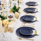 YOUBET 150PCS Blue Plastic Plates - Gold Plastic Silverware - Heavy Duty Navy Blue Disposable Plates include 50 Plates, 25 Forks, 25 Knives, 25 Spoons, 25 Napkins for Wedding Birthday Parties