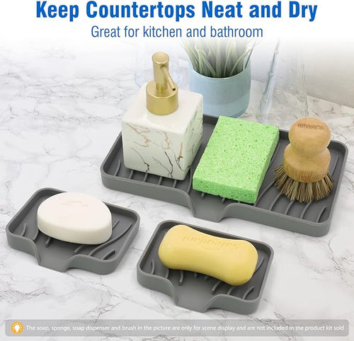 3-Pack Silicone Soap Dish, Sponge Holder for Sink, Kitchen Soap Tray, Bathroom Soap Holder, Sponge Tray with Drain (Grey)