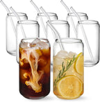 NETANY [ 8pcs Set ] Drinking Glasses with Glass Straw - 16oz Glass Cups, Beer Glasses, Iced Coffee Glasses, Cute Tumbler Cup, Ideal for Whiskey, Soda, Tea, Water, Gift - 2 Cleaning Brushes