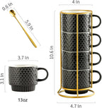 Gomakren Coffee Mugs Set of 4, 13 Ounce Stackable Coffee Mug Set with Stand, Stoneware Coffee Cup with Spoon for Coffee, Milk, Tea, Cocoa, Black