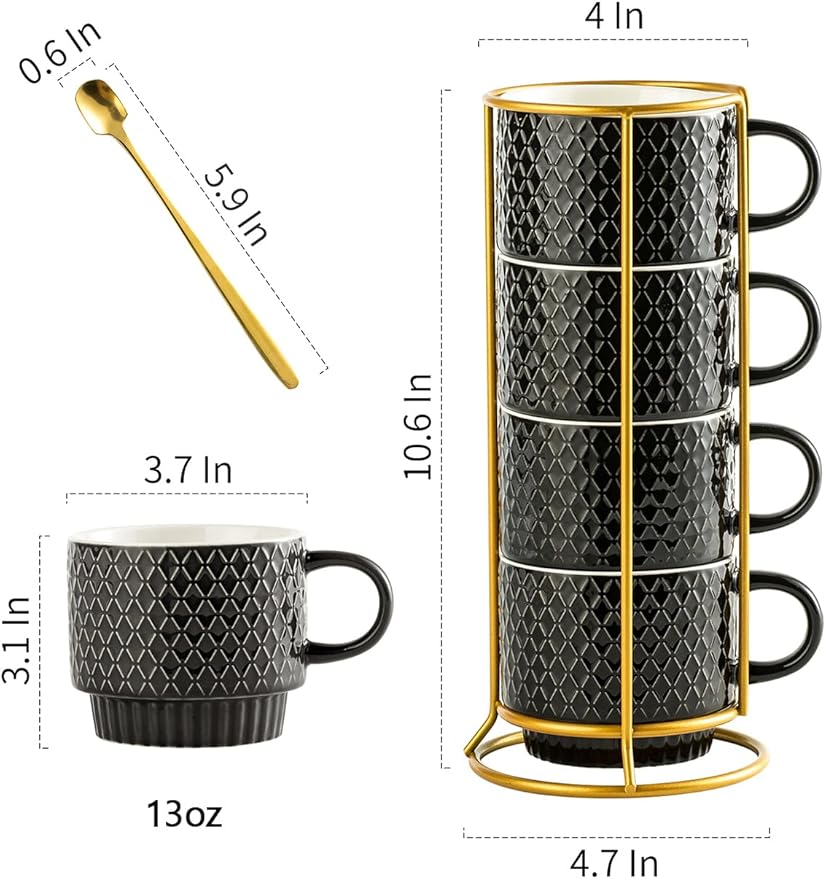 Gomakren Coffee Mugs Set of 4, 13 Ounce Stackable Coffee Mug Set with Stand, Stoneware Coffee Cup with Spoon for Coffee, Milk, Tea, Cocoa, Black
