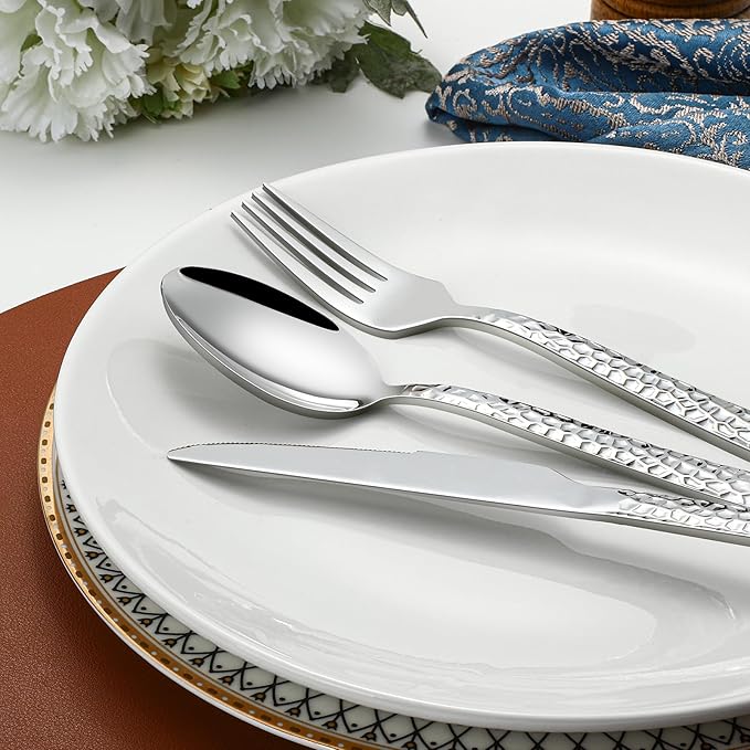 60 Piece Silverware Set for 12, Amafox Stainless Steel Hammered Flatware Set, Kitchen Utensil Cutlery Silverware Set Include Fork Spoon Knife, Mirror Finished Silverware Sets, Dishwasher Safe