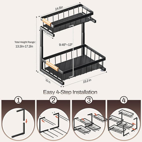 ADBIU Under Sink Organizer, 2 Pack 2 Tier Expandable Height (13.2" - 17.2") Pull out Kitchen Bathroom Cabinet Organizers and Storage Shelf