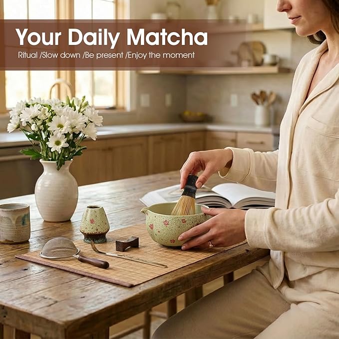 Matcha Whisk Set, 7-Piece Matcha Kit with Ceramic Bowl, Bamboo Whisk, Scoop, Sifter, Holder & Bamboo Mat – Premium Matcha Tea Set for Beginners & Matcha Lovers, Gift Ready