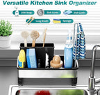 304 Stainless Steel Sink Caddy with Auto-Drain, Rustproof Kitchen Sink Organizer, Sponge Holder with Removable Brush & Towel Rack, Countertop Storage for Soap Dispenser, Kitchen Accessories, Black