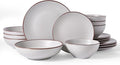 Famiware Venus Speckled Dinnerware Set with Pasta Bowls for 4 (16 Pieces), Stoneware Plates and Double Bowls, Matte Light Gray - Microwave & Dishwasher Safe Dishes with Trim for Everyday & Formal Use