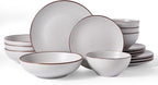 Famiware Venus Speckled Dinnerware Set with Pasta Bowls for 4 (16 Pieces), Stoneware Plates and Double Bowls, Matte Light Gray - Microwave & Dishwasher Safe Dishes with Trim for Everyday & Formal Use
